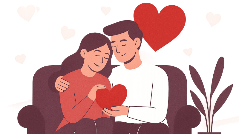 Pareja feliz en sofá morado